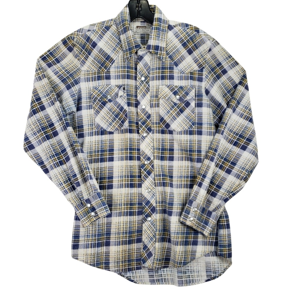 VTG Montgomery Ward Western Flannel Shirt Youth Boys 20 Blue Plaid Pearl Snap